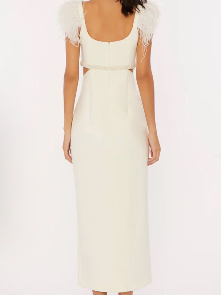 Likely Cream Feather-Trim Midi Dress